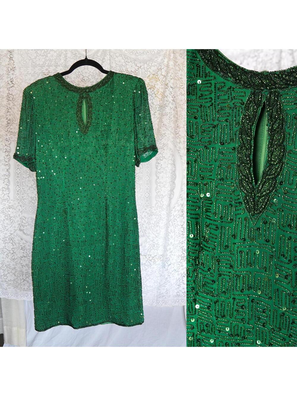 Vtg Lawrence Kazar Silk Beaded Midi Dress Emerald Green Art Deco Revival M
